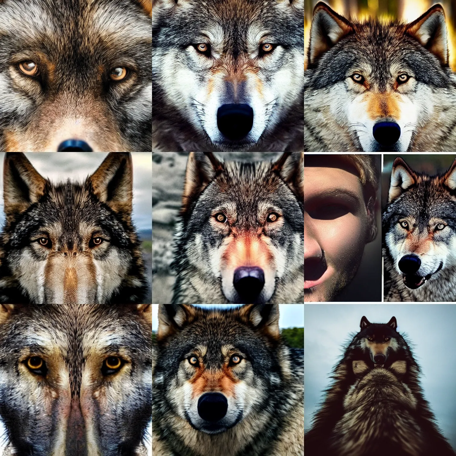 Prompt: half human face, half wolf face, half human face with half wolf, front view, wide angle