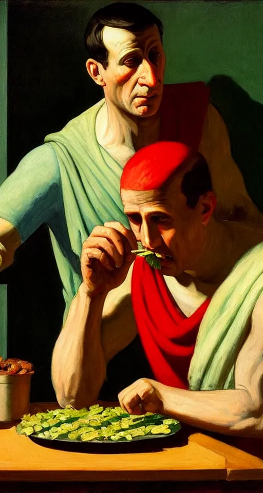 Image similar to julius caesar eating a ceasar salad painted by edward hopper