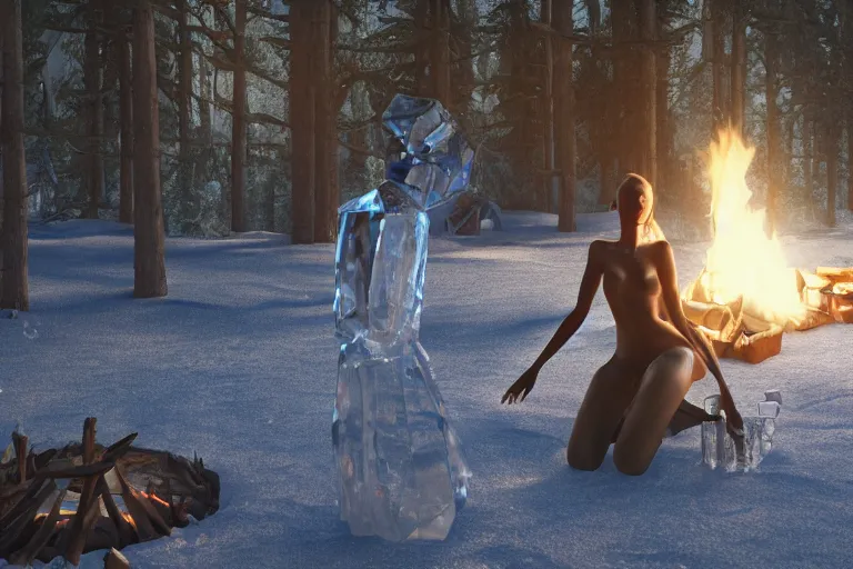 Image similar to a beautiful woman made out of crystal ice sitting by a campfire and slowly melting, by iris van herpen, unreal engine 5, volumetric lighting, path tracing, outdoor campfire pit