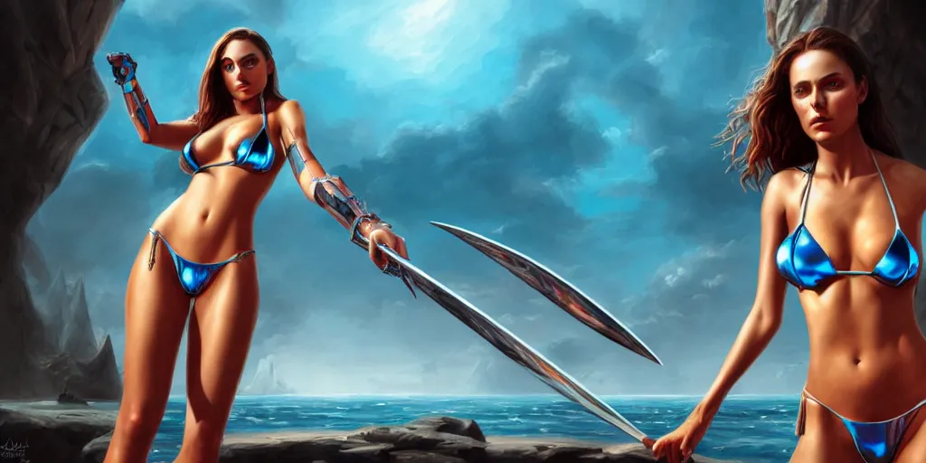 Image similar to natali portman, chrome bikini, matte oil painting, colorful, concept art, fantasy, rpg, epic, dungeons & dragons, sharp focus, award - winning, extremely detailed, 4 k, 8 k
