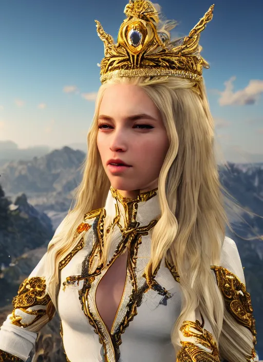 Image similar to a photo of 8 k ultra realistic humanoid princess with long blonde hair, standing next to a beautiful view, ornate white officers outfit with gold embellishments, cinematic lighting, trending on artstation, 4 k, hyperrealistic, focused, extreme details, unreal engine 5, cinematic, masterpiece