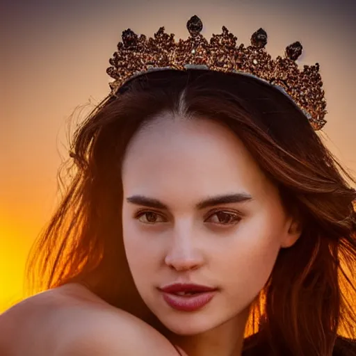 Prompt: an aesthetic beautiful female goddess wearing a crown in a relaxed pose head shot, sunset lighting