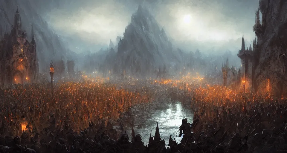 Image similar to medieval fantasy Army marching along a river, Scenic view at night, underexposed, clean horizon, matte painting by craig mullins and dan mumford, dark fantasy, style of game of thrones, concept art trending on artstation, 4k, insane details