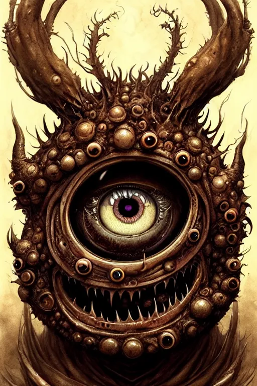 Image similar to beholder monster with 6 eyes | esoteric symbolism | jean - baptiste monge, esao andrews, bastien lecouffe - deharme, tim jacobus, ken currie | ultra - detailed realism, soft cinematic lighting, hi - fructose, artstation, high - quality, ink watercolors wes anderson poster art