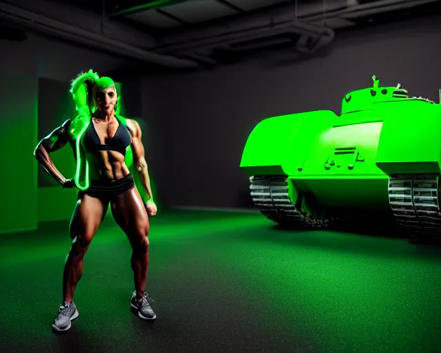 Prompt: plastic fitness model posing next to a tank of glowing green mutagen, unreal engine, hyper realism, realistic shading, dramatic lighting, cinematic composition, blender render, sharp focus, octane render, hdr, 4 k, 8 k, detailed textures, artstation, photorealistic, 3 5 mm film