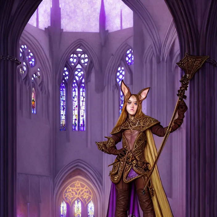 Image similar to d & d bard with her lilac leather armor in a cathedral, volumetric lighting, fantasy, intricate, elegant, highly detailed, lifelike, photorealistic, digital painting, artstation, fox ears illustration, concept art, sharp focus, by john collier and albert aublet and krenz cushart and artem demura and alphonse mucha