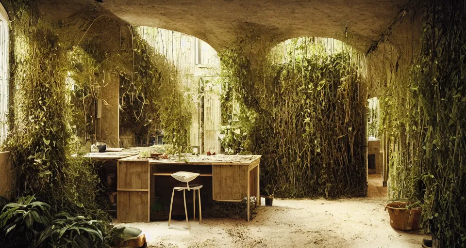 Image similar to IKEA catalogue photo, high end farm house style kitchen, sand piled in corners, dust, organic, vines, overgrown, tropical, by Beksiński