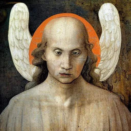 Image similar to realistic medieval painting portrait of white angel with clean narrow face like noface, 3 / 4, miracle light coming up from the head up and up, misty space, grace and blessing, sfumato effect by hieronymus bosch, by leonardo da vinci, renaissance, christianity, glow effect, white background