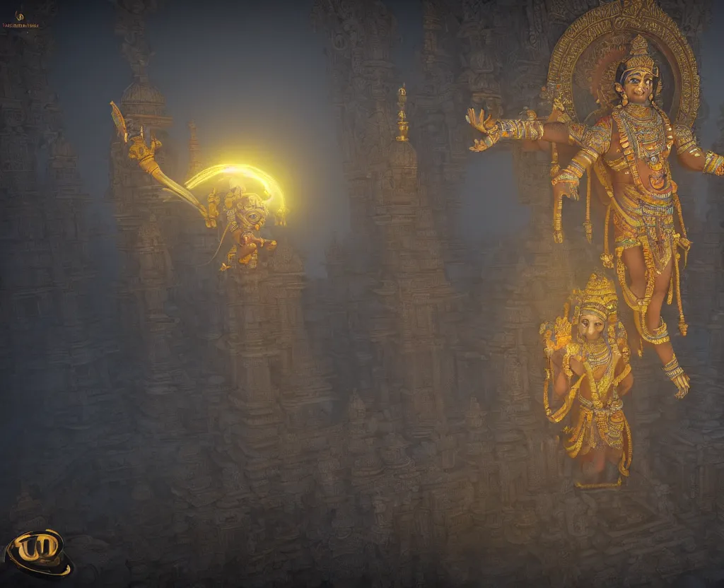 Prompt: vishnu descending from an ufo over s temple in india during the night, cinematic, unreal engine 5