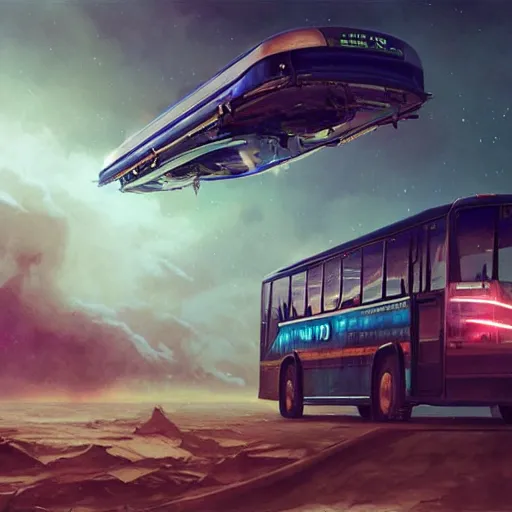 Image similar to realistic render portrait of an bus flying through space intricate, dystopian, sci-fi, extremely detailed, digital painting, sculpted in zbrush, artstation, concept art, smooth, sharp focus, illustration, chiaroscuro lighting, golden ratio, incredible art by artgerm and greg rutkowski and alphonse mucha and simon stalenhag