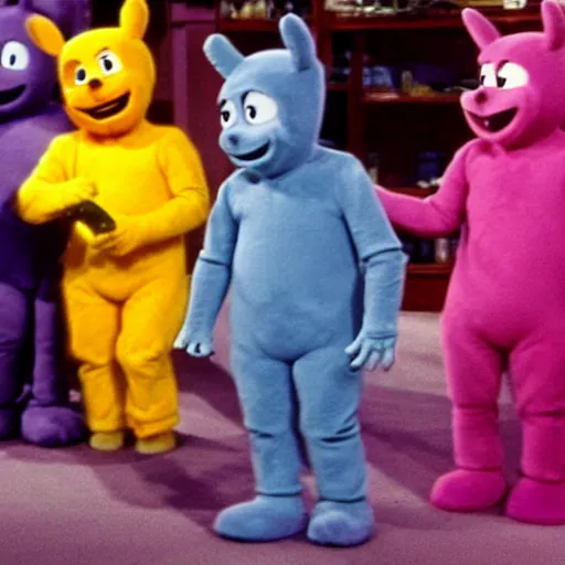 Prompt: tinky winky eating tubby custard, horror, creepy, teletubbies lost creepy spooky bloody episode, realistic,