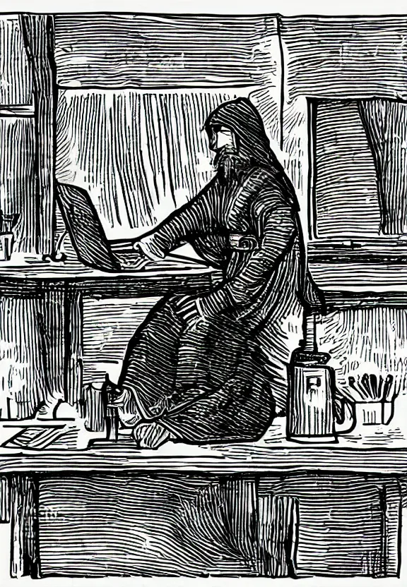 Image similar to [Medieval peasant sitting on a desk watching a computer in a dimly light room. There are cans on and around the desk and an arched window in the background. Illustration, sharp!, focus, high quality, smooth!]