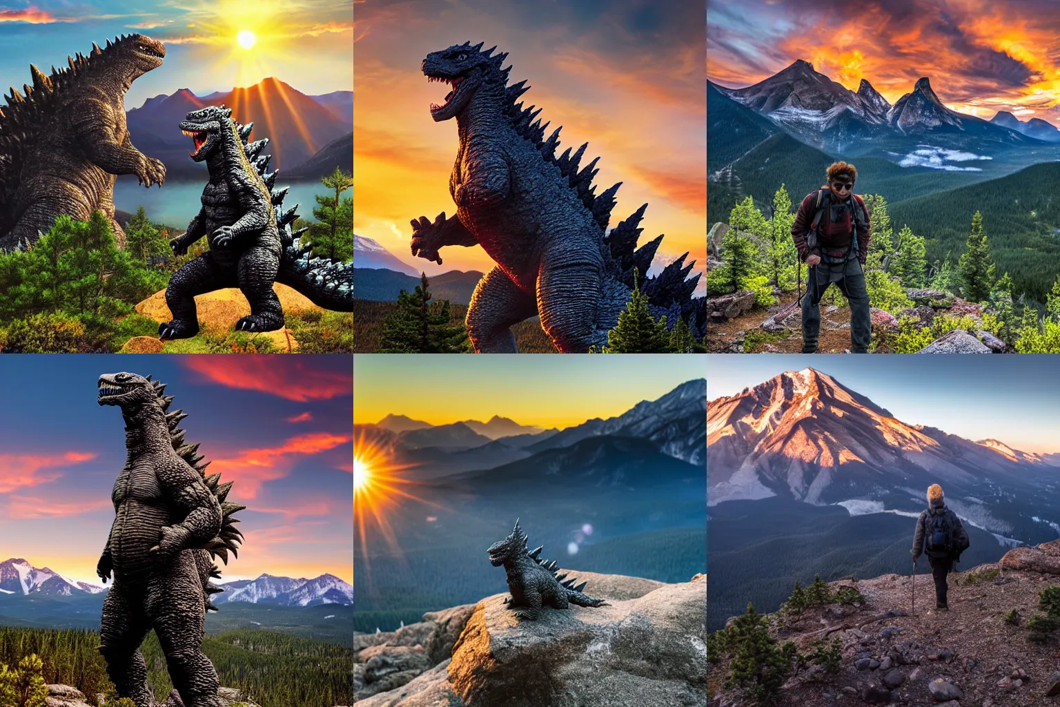 Prompt: Godzilla hiking in the colorado rockies and having a very good time, sunrise, highly detailed, 4k photography, great quality,