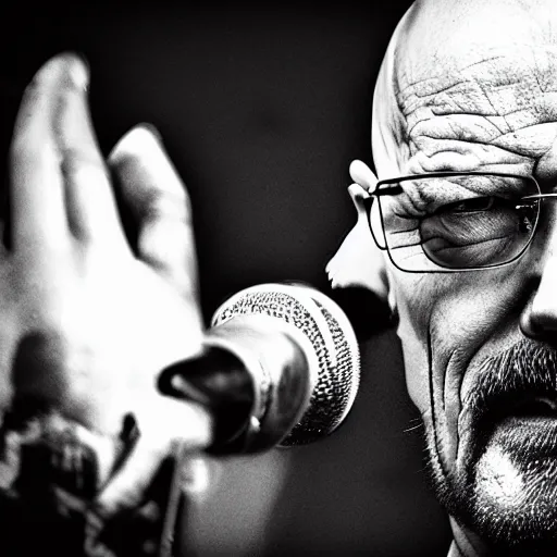 Image similar to Walter white singing at a death metal concert, photography, wide angle, sharp, cinematic