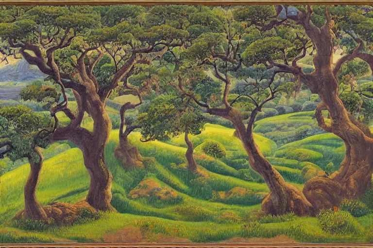 Image similar to masterpiece painting of oak trees on a hillside overlooking a creek, by leng mei lennie lee leo goetz leo leuppi leo lionni leo michelson leo valledor leo and diane dillon leon chwistek leon golub leon kaplinski leon kossoff leon kroll leon polk smith leon wyczołkowski leona wood