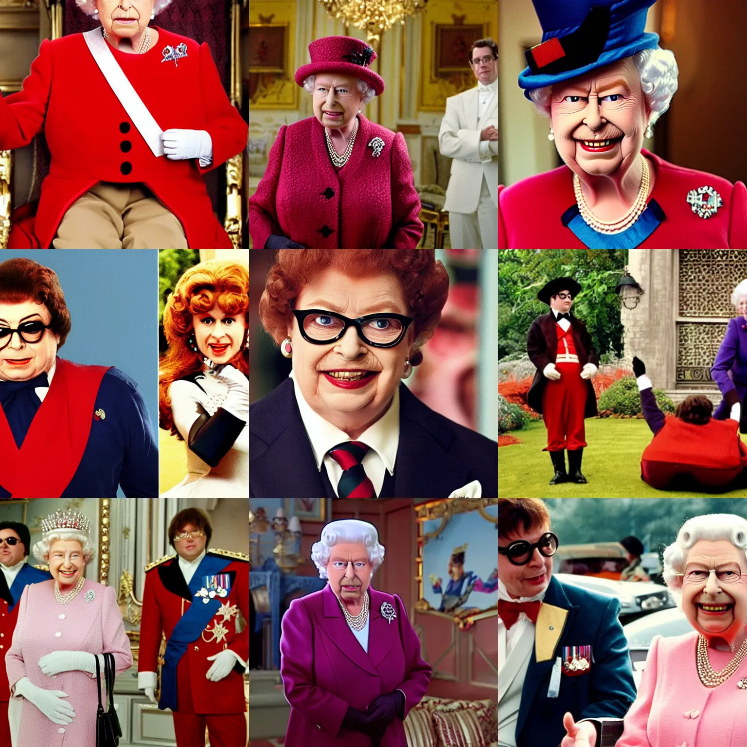 Prompt: Queen Elizabeth as Austin Powers!!!!, still image from Austin Powers movie
