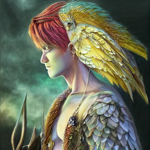 Image similar to hyper realistic color pencil drawing of a male fairy druid with hawk wings, D&D Art, detailed, rim light, diffused, intricate, axe, by anna dittmann