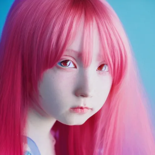 Prompt: a portrait on an anime girl with long pink hair. she has big blue eyes and a small mouth. behind her is a swirling pink background. award winning photography, high resolution 8 k, cinestill 8 0 0 t