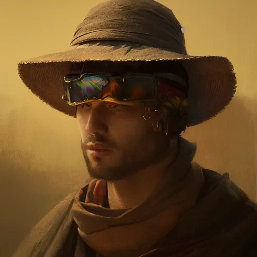 Image similar to portrait of a blindfolded man wearing a multicolored cloak and a wide brimmed straw hat, detailed face, highly detailed, cinematic lighting, digital art painting by greg rutkowski