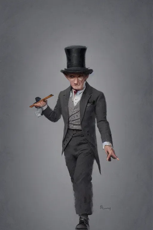 Image similar to a grey hair ageing halfling with stubble top hat and suit by Greg Rutkowski, painting, HD, high details, trending on artstation