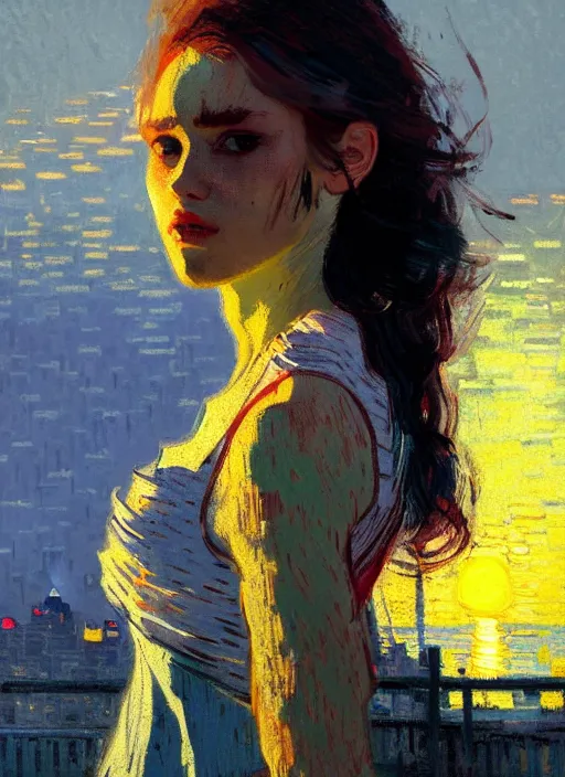 Image similar to portrait of a beautiful girl, new york backdrop, sad, sunset shades, beautiful face, rule of thirds, intricate outfit, spotlight, by greg rutkowski, by jeremy mann, by francoise nielly, by van gogh, digital painting