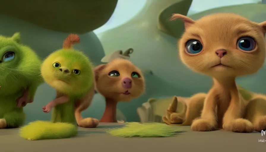 Image similar to very very very cute green baby animals by Max Kostenko and Bobby Chiu, disney, pixar, MPC, Framestore, character design for animation, uplight, a lineup of characters, big disney eyes, symmetrical yellow eyes, cuteness, 3d render, octane rendered, highly detailed, cinematic lightning, rendered by maya and houdini, highly detailed, unreal engine, Trending on Artstation, octane render, 4k, 8k, HD, oil on Canvas by Elena Zhurikhina and Goro Fujita and Charlie Bowater