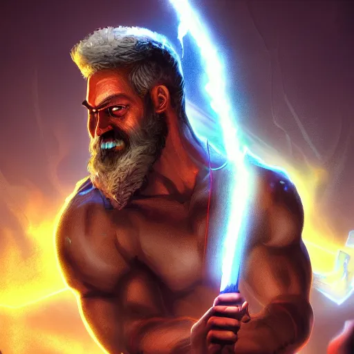 Image similar to Digital painting of Zeus with a lightning sword, hyperdetailed, artstation, terrifying, cinematic lighting, 8k