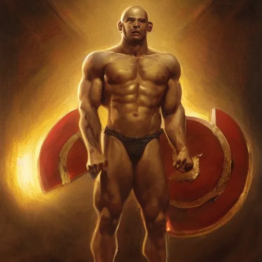 Prompt: handsome portrait of a spartan guy bodybuilder posing, radiant light, caustics, war hero, full metal alchemist, by gaston bussiere, bayard wu, greg rutkowski, giger, maxim verehin