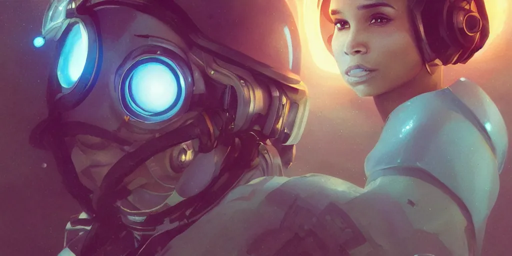 Image similar to Zoe Kravitz with short hair as a retrofuturistic astronaut, helmet with led lights, underwater in the ocean at night, clear water, volumetric lighting, glowing lights, 4k, octane, digital painting, artstation, concept art, cinematic film, sharp focus, illustration, art by artgerm and greg rutkowski and alphonse mucha , wide angle view,