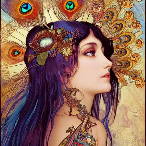 Prompt: realistic detailed face portrait of Cleopatra with iridescent peacock feathers in her hair by Alphonse Mucha, Ayami Kojima, Amano, Charlie Bowater, Karol Bak, Greg Hildebrandt, Jean Delville, and Mark Brooks, Art Nouveau, Neo-Gothic, gothic, rich deep moody colors