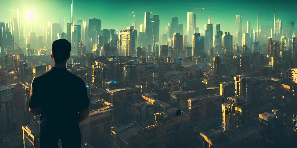 Image similar to a view of a man's back standing on top of a building, with cyberpunk city buildings in the background, volumetric light, cinematic, moody