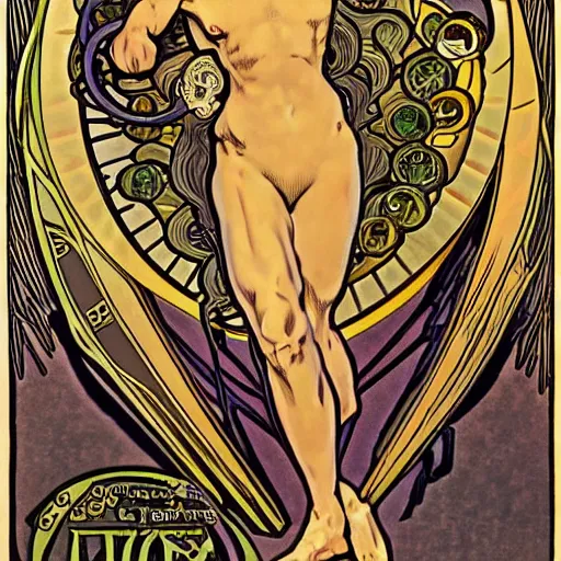 Image similar to prometheus creating humans in the style of alphonse mucha