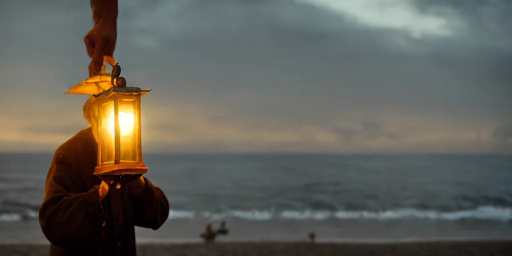 Image similar to film still of closeup old man holding up lantern by his beach hut at night. pirate ship in the ocean by emmanuel lubezki