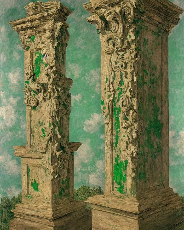 Image similar to achingly beautiful painting of intricate ancient roman corinthian capital on emerald background by rene magritte, monet, and turner. giovanni battista piranesi.