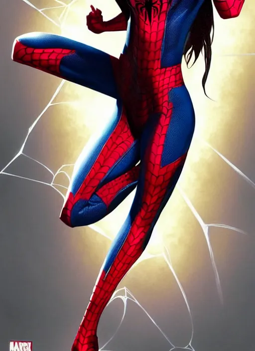 Image similar to full body portrait of marvel cinematic universe aaliyah haughton, spider woman, spider man, elegant, webs, super hero, highly detailed!! digital painting, artstation, glamor pose, concept art, sharp focus, illustration, art by artgerm and greg rutkowski, artey freytag