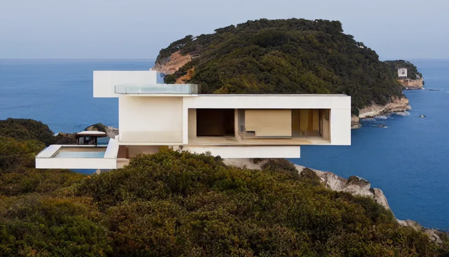 Image similar to modern house perched on a cliff overlooking a magnificient bay, drawing architecture, pritzker architecture prize, greig fraser