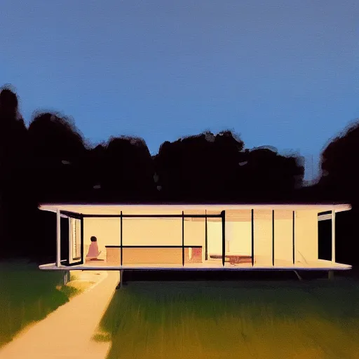 Image similar to farnsworth house painting by atey ghailan, blue hour, cinematic, masterpiece