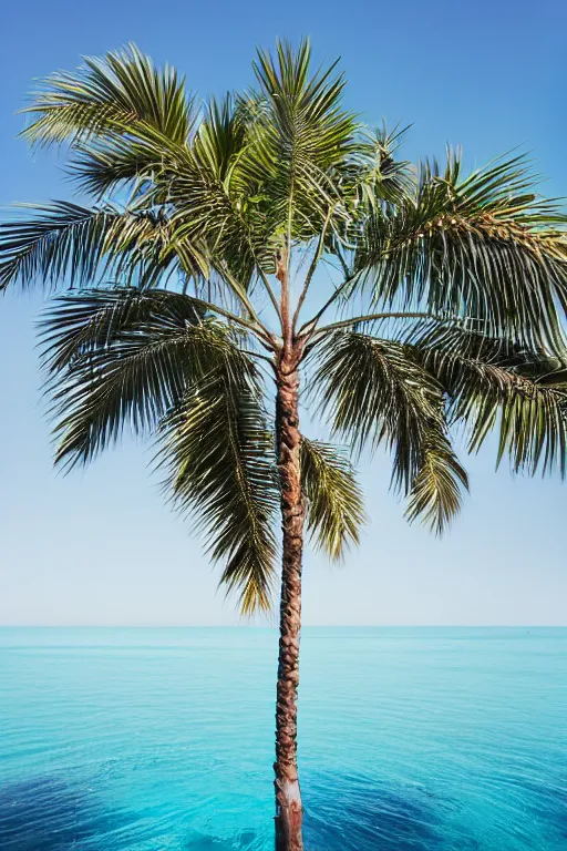 Prompt: photograph of palm leaning over crystal clear water