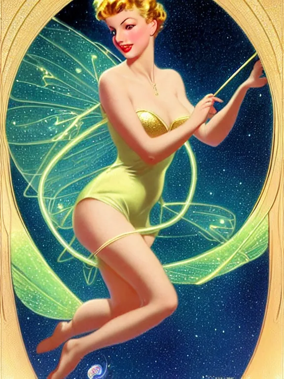 Prompt: Diana argon as tinkerbell glowing, a beautiful art nouveau portrait by Gil elvgren and Hajime Sorayama, moonlit starry sky environment, centered composition, defined features, golden ratio, gold jewlery, sheer silk