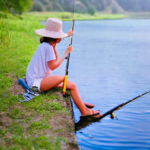 Image similar to young cute girl fishing, photography