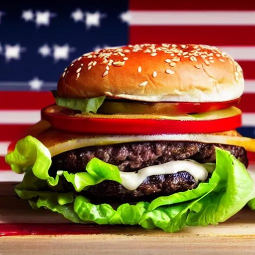 Prompt: patriot burger, a burger filled with lettuce, patty, ketchup, fried american flag, pickle, mayonnaise