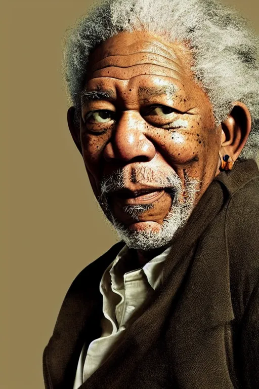 Image similar to Morgan Freeman reprising his role as Bilbo Baggins for a new Lord of the Rings spin-off directed by Peter Jackson, detailed face, good lighting, promo shoot, studio lighting