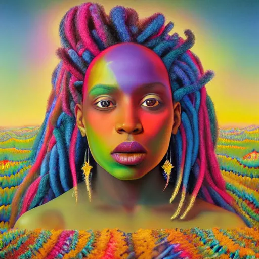 Image similar to a wide angle shot of a black girl with colorful dreadlocks in a field of candy, by Adi granov and afarin sajedi and amanda sage and evgeni gordiets and Agostino Arrivabene and adonna khare in a psychedelic portrait style, ultrarealistic matte painting, volumetric lighting, fractal, extremely symmetrical, highly detailed face, orisha, 8k, hd