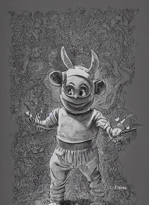 Prompt: tinky winky the teletubbie as a D&D creature, full body, pen-and-ink illustration, etching, by Russ Nicholson, DAvid A Trampier, larry elmore, 1981, HQ scan, intricate details, Monster Manula, Fiend Folio