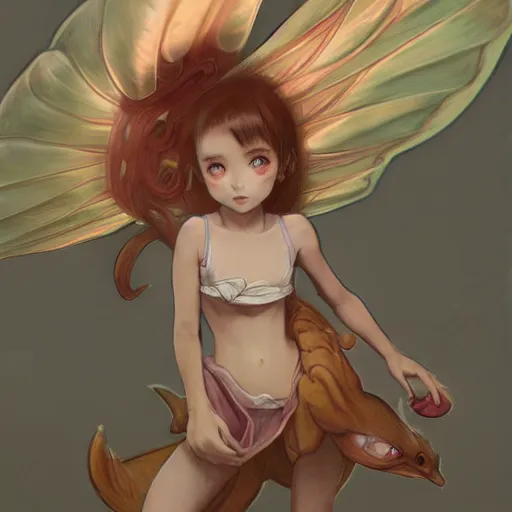 Prompt: dragonite pokemon Gajinka as a small human girl , highly detailed, digital pencil painting, anime, cartoonish, hybrid human / anthro, monster girl, sharp focus, illustration, art by artgerm and greg rutkowski and alphonse mucha