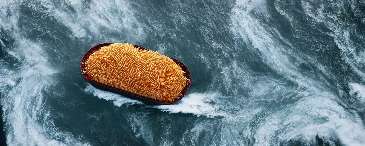 Prompt: an overhead image of a cargo ship transporting mounds of spaghetti, in the middle a hurricane,, canon 5 0 mm, cinematic lighting, photography, retro, film, kodachrome