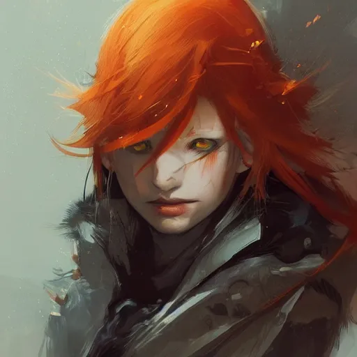 Image similar to portrait of a Short elf with grey skin, orange/red hair, elf ears, their eyes are completely yellow, they have deer like legs, and they are both masc and femme equally dramatic lighting, illustration by Greg rutkowski, yoji shinkawa, 4k, digital art, concept art, trending on artstation