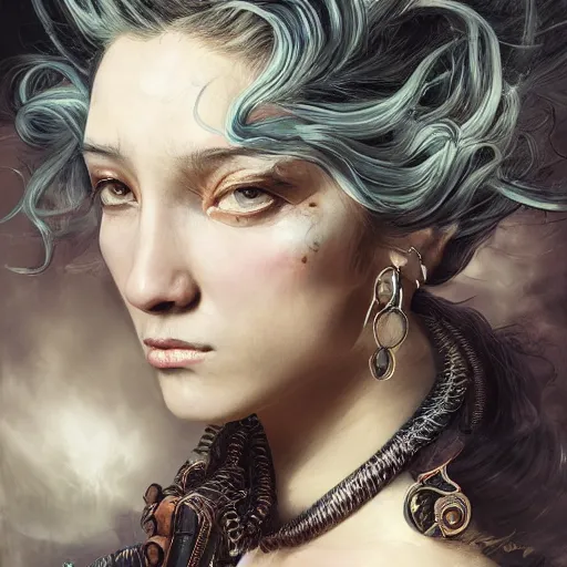 Image similar to portrait, headshot, insanely nice professional hair style, dramatic hair color, digital painting, of a old 17th century, old cyborg merchant, amber jewels, baroque, ornate clothing, scifi, realistic, hyperdetailed, chiaroscuro, concept art, art by Franz Hals and Jon Foster and Ayami Kojima and Amano and Karol Bak,