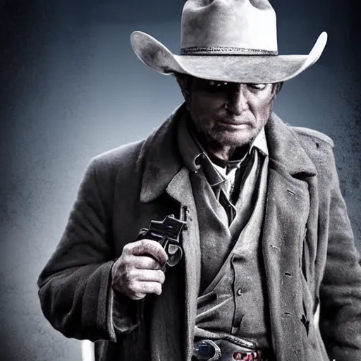 Prompt: A cowboy with a long coat in a dark western scenery, holding a gun, long grey hair, fantasy, digital art