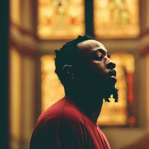 Image similar to a photo of kendrick lamar grieving at a church, dramatic, ektachrome, vintage, wide angle, warm color palette, light mode, 2. 5 - dimensional, 1 6 k, ultra - hd, megapixel, cga, rays of shimmering light, screen space reflections